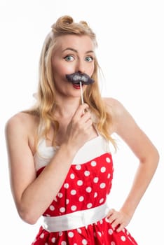 a woman in pin up style licks at a beard lollipop