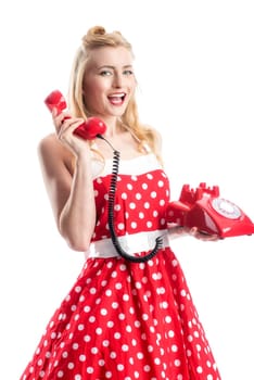 a rockabilly girl on the phone with a red phone