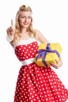 a woman with gift shows with the finger