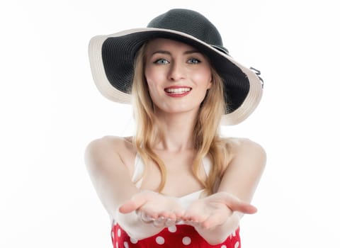 woman in rockabilly style and hat gesticulated and happy about success