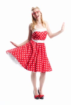 a woman in summer dress is happy and cheering