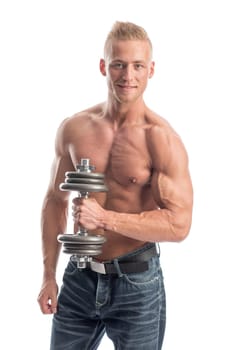 a man with a well-trained body exercises with a dumbbell