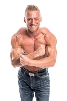 a well-trained young man shows his muscles through various body postures