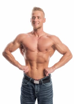 a well-trained young man shows his muscles through various body postures