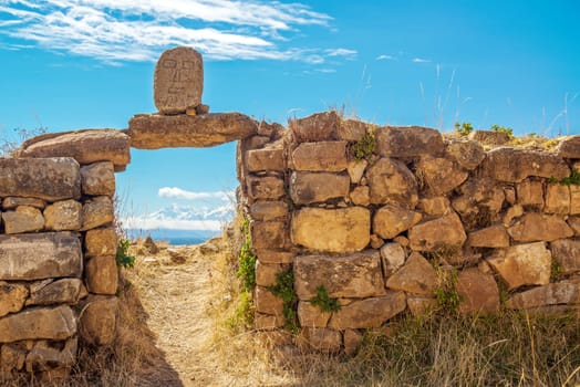 Entrance to Palace of the Inca, ancient Incan ruins on the Island of the Sun on the Bolivian side of Lake Titicaca