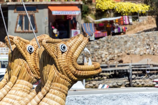 Animal shaped reed boat, or totora, on the Isla del Sol on Lake Titicaca