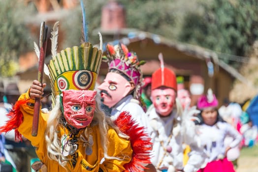 Traditional Bolivian dance on Island of the Sun on the Bolivian side of Lake Titicaca