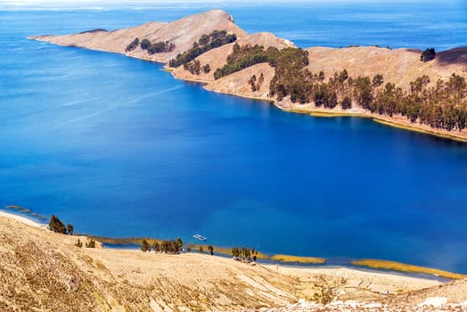 Long skinny peninsula on Isla del Sol on the Bolivian side of Lake Titicaca
