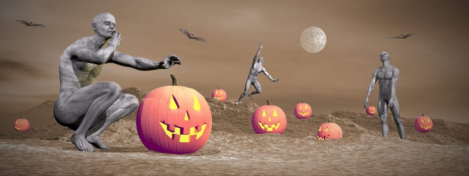 Several zombies and flying bats next to pumkins for Halloween, sepia background and colorful objects - 3D render
