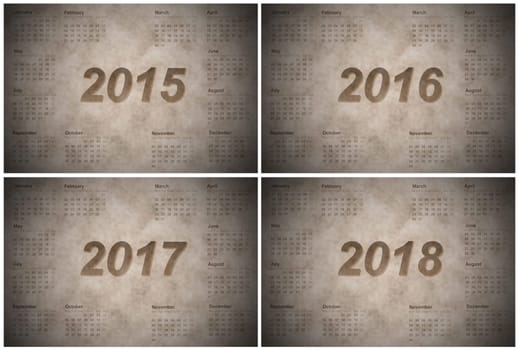 Set of european 2015, 2016, 2017 and 2018 year calendars with week starting from monday, vintage style
