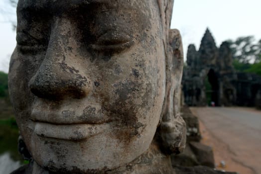 The Bridge at the Angkor Tom Gate in the Temple City of Angkor near the City of Siem Riep in the west of Cambodia.