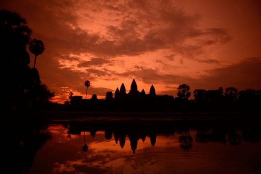 The Angkor Wat in the Temple City of Angkor near the City of Siem Riep in the west of Cambodia.
