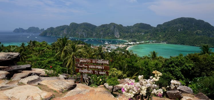 The view from the Viewpoint on the Town of Ko PhiPhi on Ko Phi Phi Island outside of the City of Krabi on the Andaman Sea in the south of Thailand.