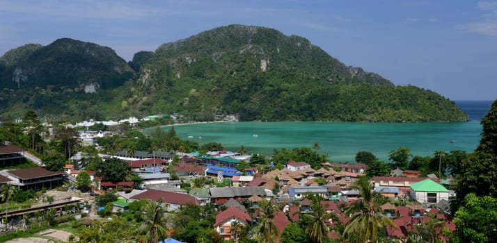 The view from the Viewpoint on the Town of Ko PhiPhi on Ko Phi Phi Island outside of the City of Krabi on the Andaman Sea in the south of Thailand.