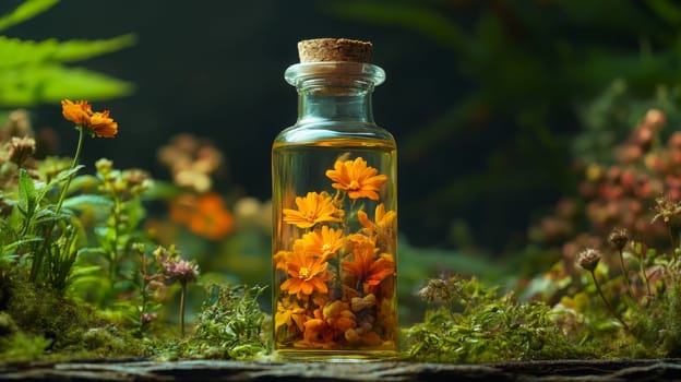 medicinal herbs in a small bottle, Generative AI, nature