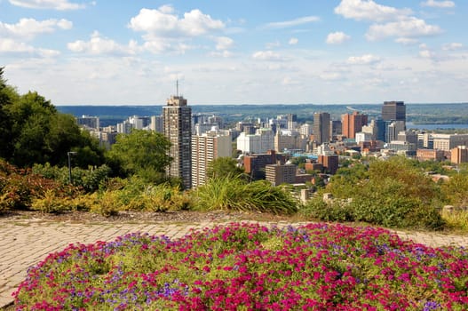 A high view from the mountain of downtown Hamilton, Canada.with a park in the foreground..