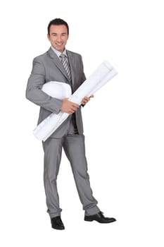 Smiling entrepreneur on white background