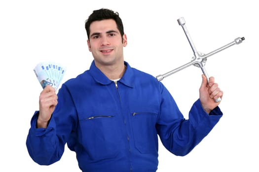 Mechanic with money in hand