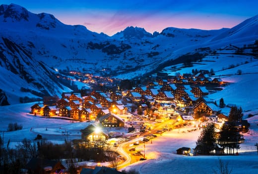 Evening landscape and ski resort in French Alps,Saint jean d'Arves, France