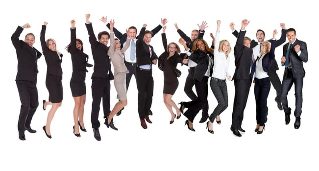Large group of excited business people. Isolated on white