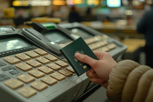 A traveler holds a green passport while using an airport check-in kiosk surrounded by activity during a busy afternoon.