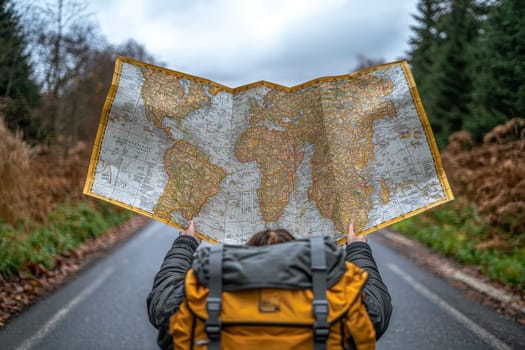 In a peaceful autumn setting, a traveler with a large backpack studies a map, seeking direction on a road bordered by trees.