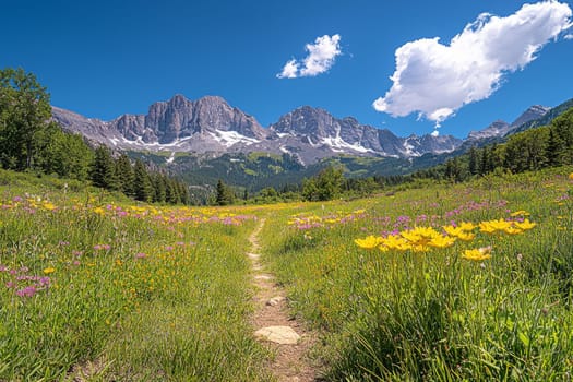 Bright wildflowers bloom in a field as a winding path leads to towering mountains under a vivid blue sky and fluffy clouds