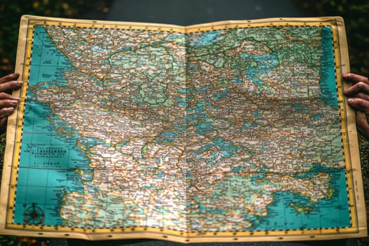 A large vintage map of Europe is displayed outdoors, revealing intricate details while held by an individual surrounded by greenery.