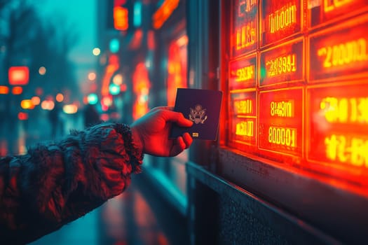 A person is displaying a passport next to a bright exchange board during a rainy night in a lively city, surrounded by glowing signs.