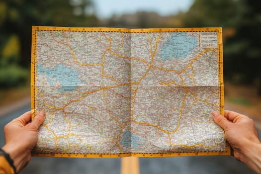 A person holds an old map while standing on a peaceful country road, surrounded by trees and open skies, ready for adventure.