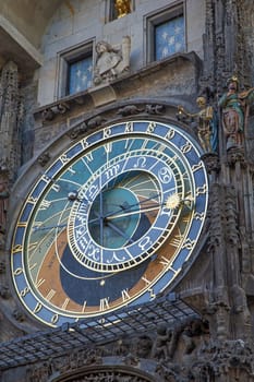 Closeup view of Astronomical Clock on Old Town Hall in Prague. (Czech Republic). Vertically.