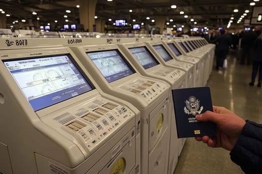 Passengers are utilizing self-service kiosks at the airport while holding a passport, amidst a crowded check-in area.