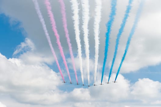 Royal Air Force stunt team red arrows in action on the Royal Dutch Air Force days 2014 in Gilze Rijen, Netherlands