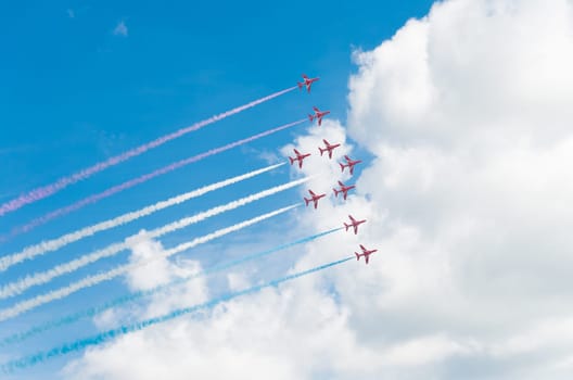 Royal Air Force stunt team red arrows in action on the Royal Dutch Air Force days 2014 in Gilze Rijen, Netherlands