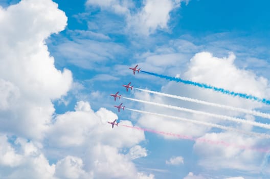 Royal Air Force stunt team red arrows in action on the Royal Dutch Air Force days 2014 in Gilze Rijen, Netherlands