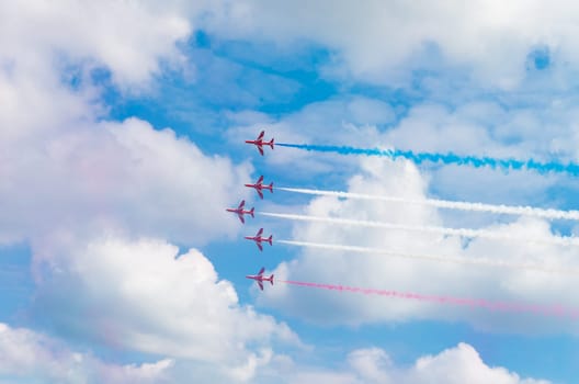 Royal Air Force stunt team red arrows in action on the Royal Dutch Air Force days 2014 in Gilze Rijen, Netherlands