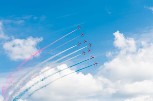 Royal Air Force stunt team red arrows in action on the Royal Dutch Air Force days 2014 in Gilze Rijen, Netherlands