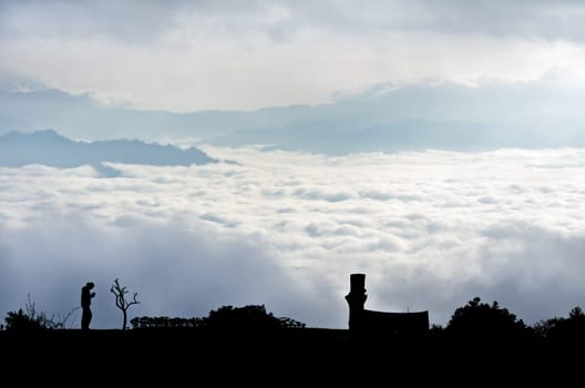 Landscape of cloud above cordillera in the morning from high mountain at viewpoint Huai Nam Dang national park, Chiang Mai and Mae Hong Son province, Thailand