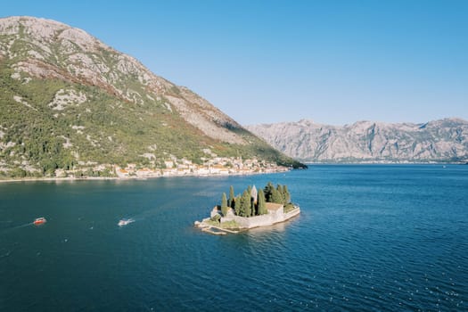 Ancient monastery on the island of St. George. Bay of Kotor, Montenegro. Drone. High quality photo