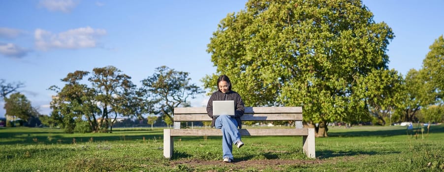 Portrait of young asian woman working on laptop, sitting on bench in park on sunny day, using her computer, studying in quite place.