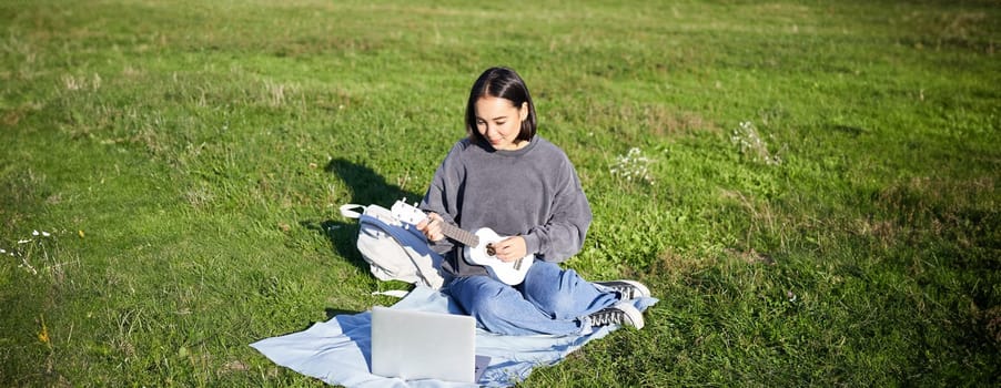 Cute asian girl, musician studying, looks at tutorial on her laptop, online tutor shows how to play ukulele, student sits on grass in park on sunny day.