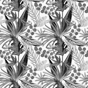 modern black and white seamless pattern with tropical palm leaves and flowers