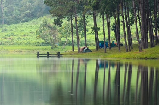 Morning atmosphere campsite on a lake in the pine forest at Pang Ung national park of Mae Hong Son province, Thailand