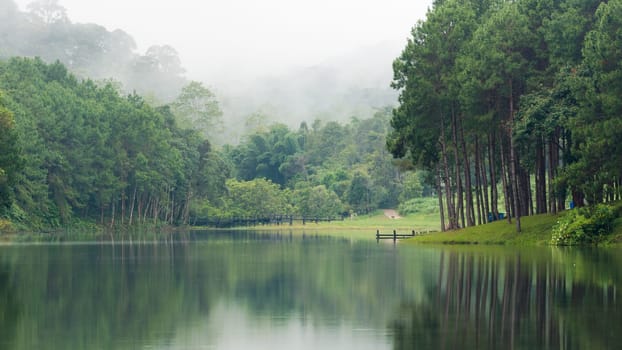 Nature landscape at morning of lakes and pine forests in Pang Ung national park of Mae Hong Son province, Thailand