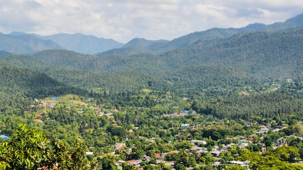 Landscape high angle view of city in the valley at Mae Hong Son province, Thailand
