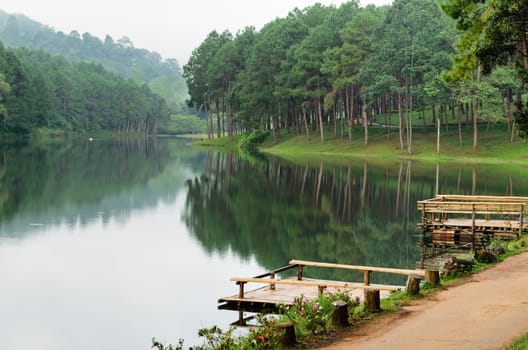Pang Ung. Beautiful forest lake in the morning. Mae Hong Son. Thailand.