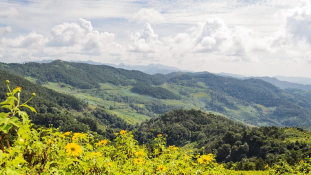 Landscape mountain range high angle view from viewpoint Doi Mae U Ko at Mae Hong Son province of Thailand