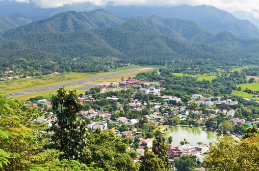 Landscape high angle view of city in the valley at Mae Hong Son province, Thailand