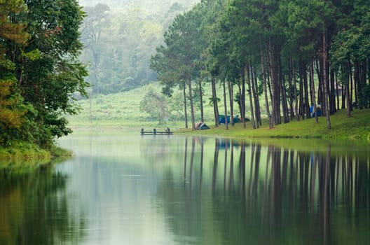 Morning atmosphere campsite on a lake in the pine forest at Pang Ung national park of Mae Hong Son province, Thailand