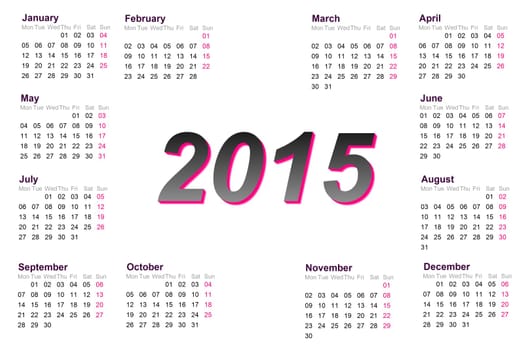 European 2015 year calendar with week starting from monday